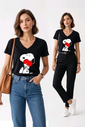 Camiseta Algodón Peinado Mujer Cuello V - Negro
